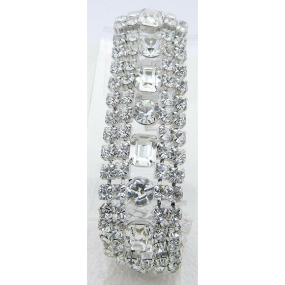 Vintage Art Deco Style Rhodium Silver Tone Clear CZ Rhinestone Wide Bracelet (D) - Picture 5 of 7